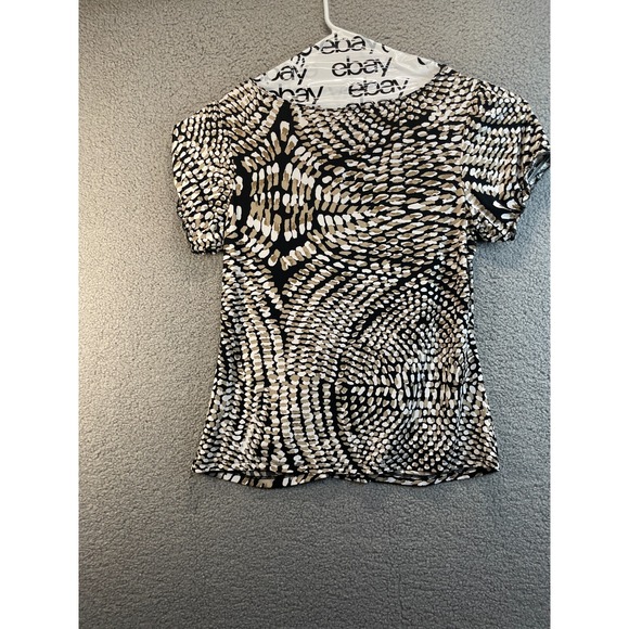 Worthington Women Top XL‎ Brown Geometric Blouse Stretch Cap Sleeve Scoop - Picture 2 of 6